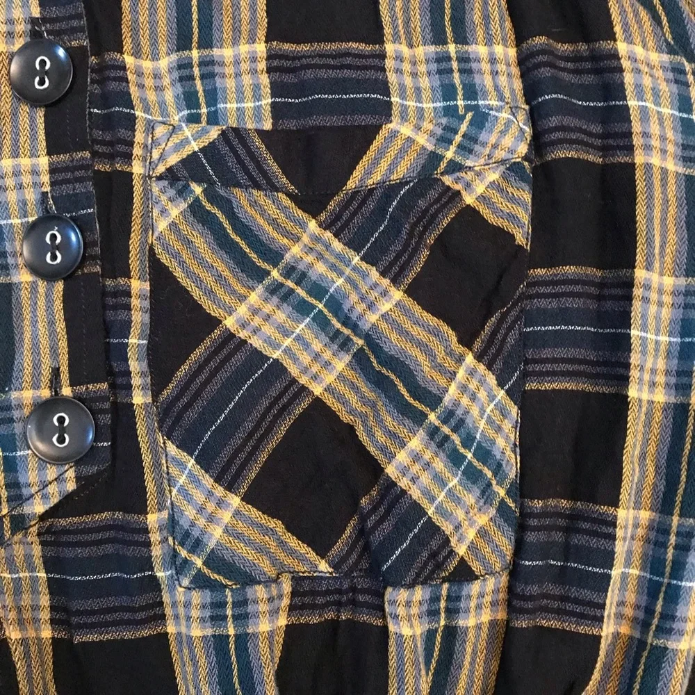 Free People Plaid Crop Top Size L Black Blue Tan Boho Prairie Country Girl Fall